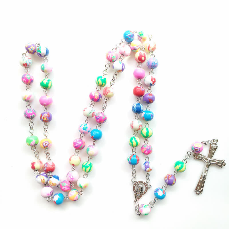 Olivenorma Color Polymer Clay Beads Cross Rosary Necklace