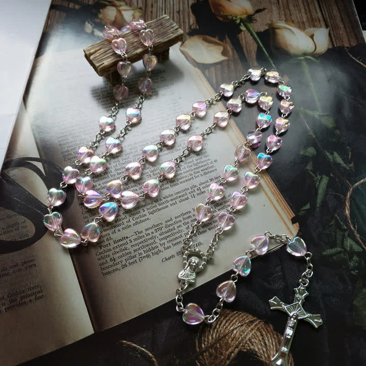 Olivenorma Pink Acrylic Heart Beaded Cross Rosary Necklace