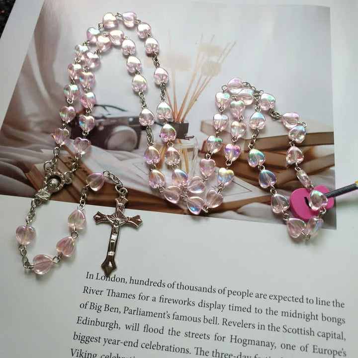 Olivenorma Pink Acrylic Heart Beaded Cross Rosary Necklace