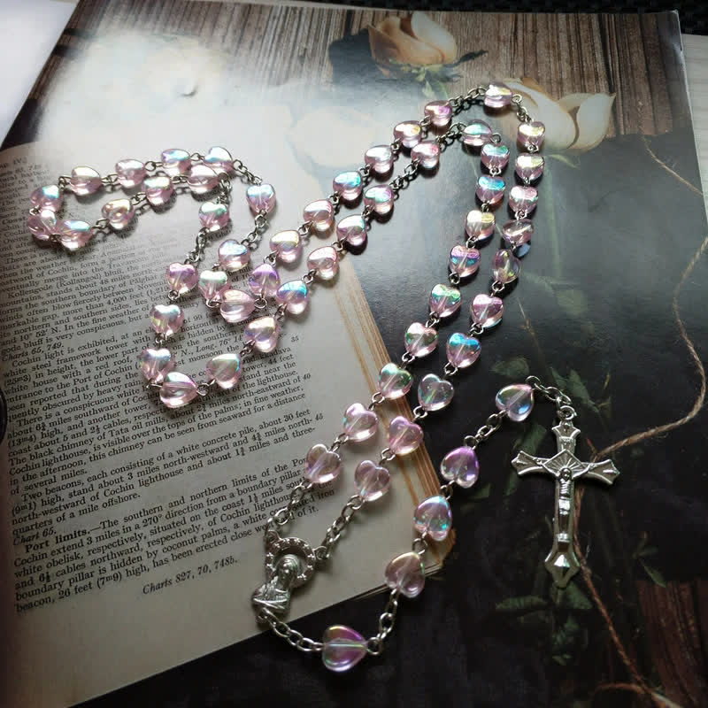 Olivenorma Pink Acrylic Heart Beaded Cross Rosary Necklace