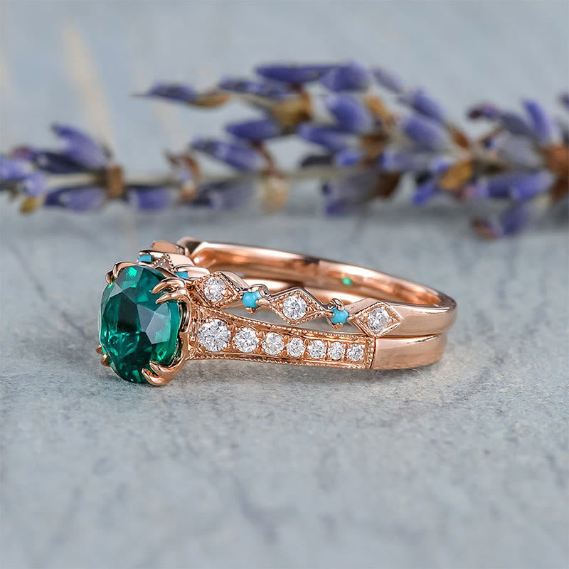 Olivenorma "Soul Nourishment" - Emerald with Turquoise 2PCS Ring Set