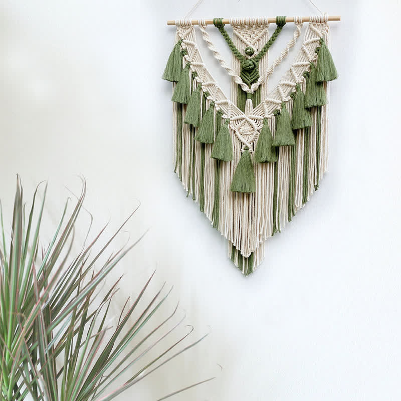 Olivenorma Khaki Green Handmade Weave Tassel Tapestry Wall Decor