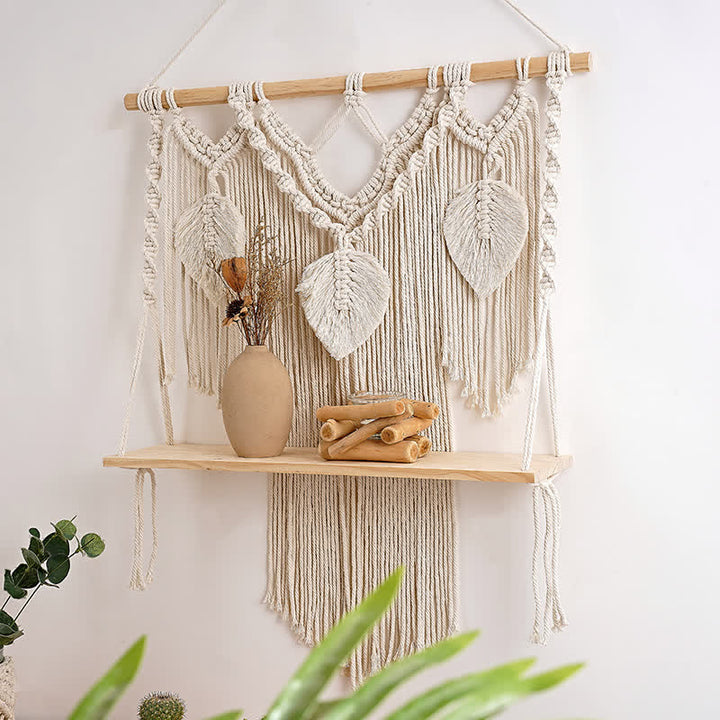 Olivenorma Boho Woven Tapestry Wood Shelf Wall Decor