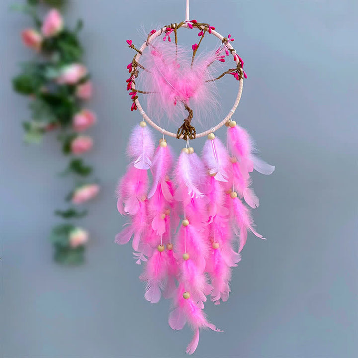 Olivenorma "Ten Miles of Peach Blossoms" Pink Feather Dream Catcher