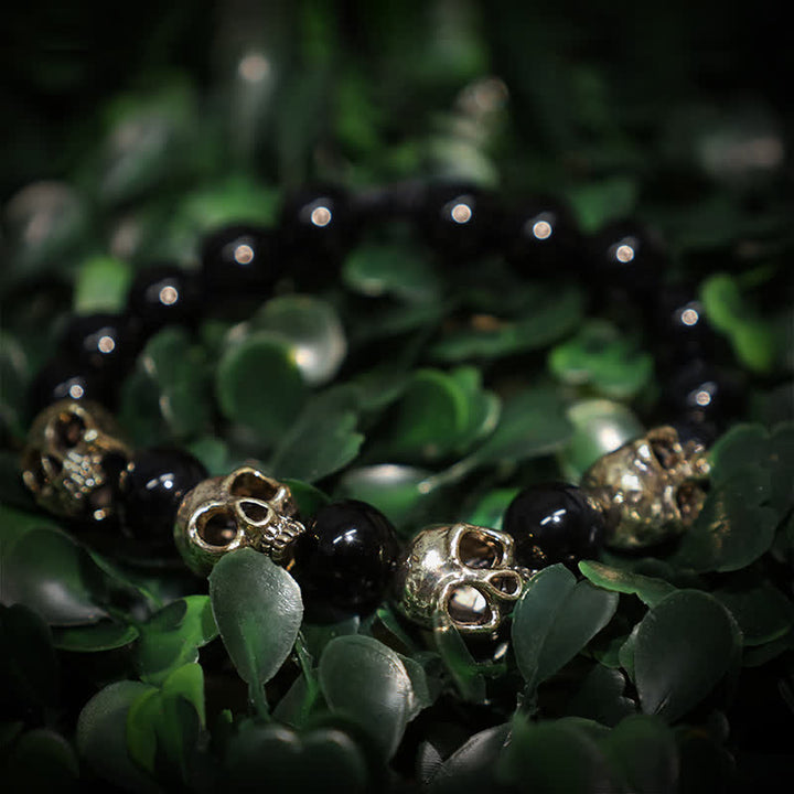 Olivenorma Obsidian Alloy Skull Beaded Adjustable Bracelet