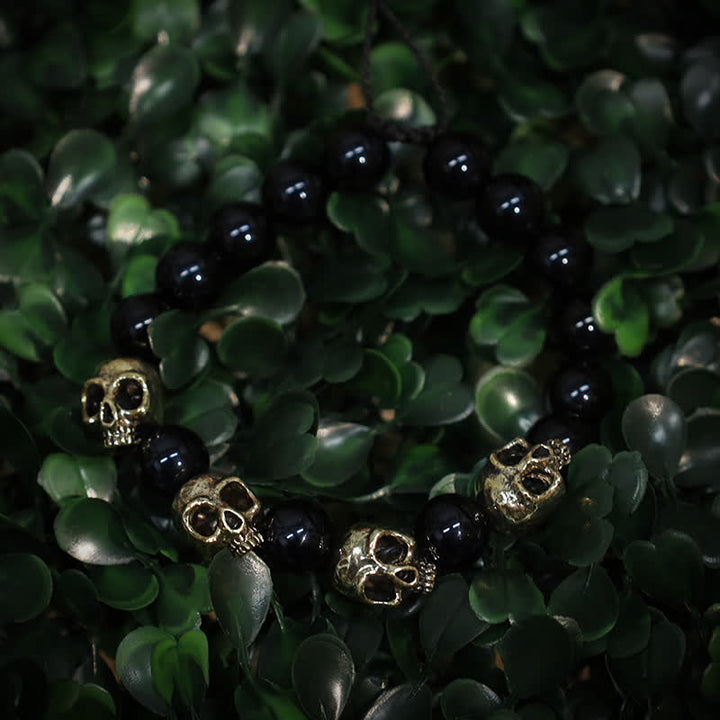 Olivenorma Obsidian Alloy Skull Beaded Adjustable Bracelet