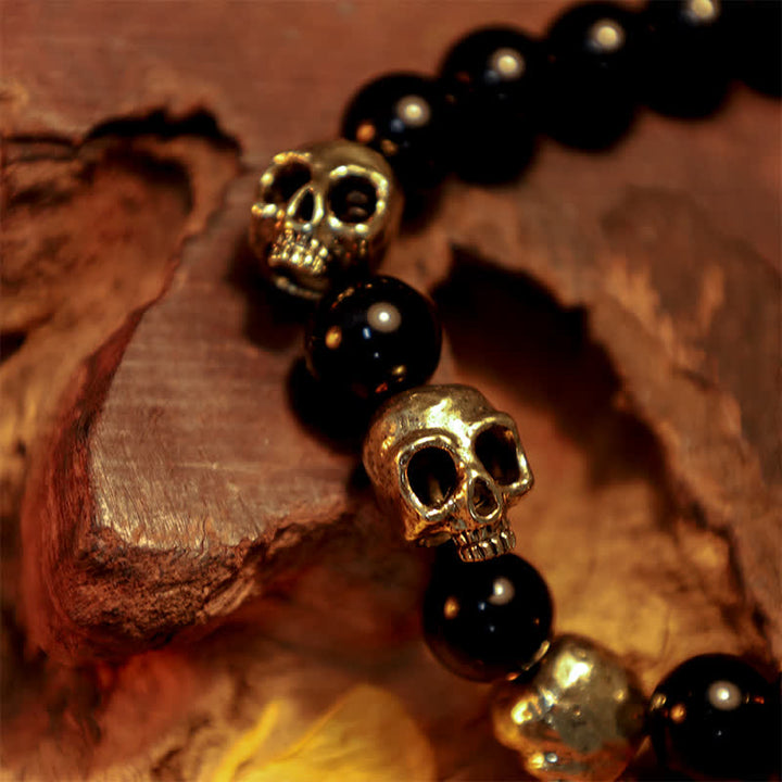 Olivenorma Obsidian Alloy Skull Beaded Adjustable Bracelet