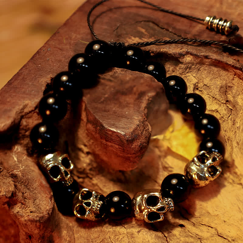 Olivenorma Obsidian Alloy Skull Beaded Adjustable Bracelet