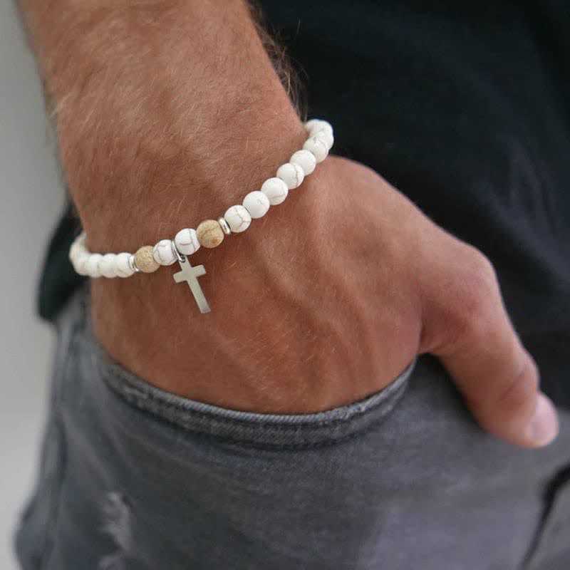 Olivenorma Mens Bohemian Natural Stone Beaded Cross Bracelet