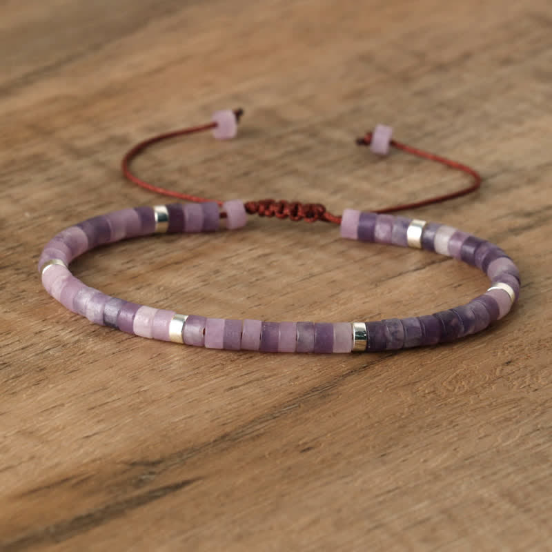 Olivenorma 2.4mm Natural Stone Roller Beads Braided Bracelet - Lepidolite & Silver - image 55