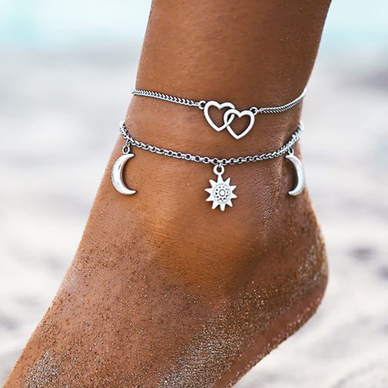 Olivenorma Alloy Sun Heart Moon Pendant Double Layer Anklet