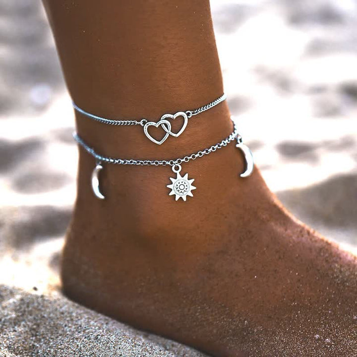 Olivenorma Alloy Sun Heart Moon Pendant Double Layer Anklet