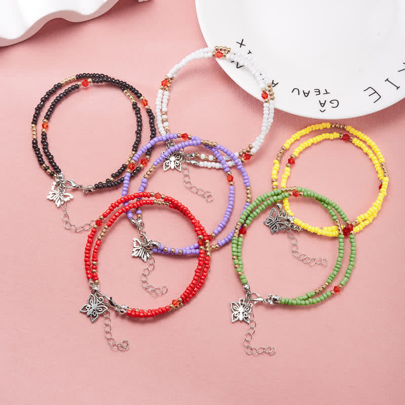 Olivenorma Butterfly Pendant Rice Beads Multi-layer Anklet