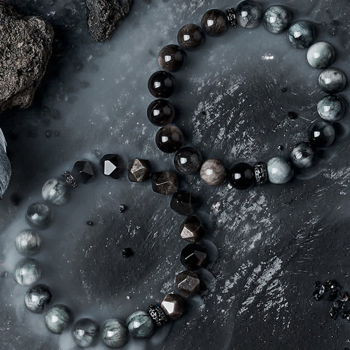 Olivenorma Hawk's Eye Quartz Silver Obsidian Beaded Bracelet - image 10