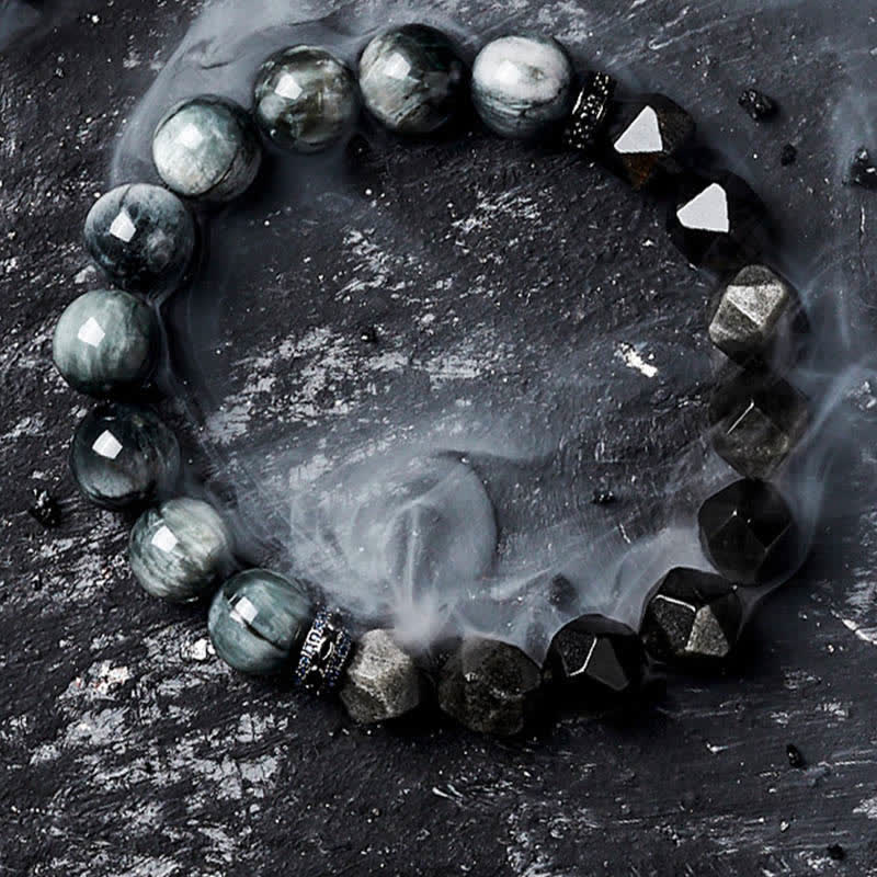 Olivenorma Hawk's Eye Quartz Silver Obsidian Beaded Bracelet - image 1