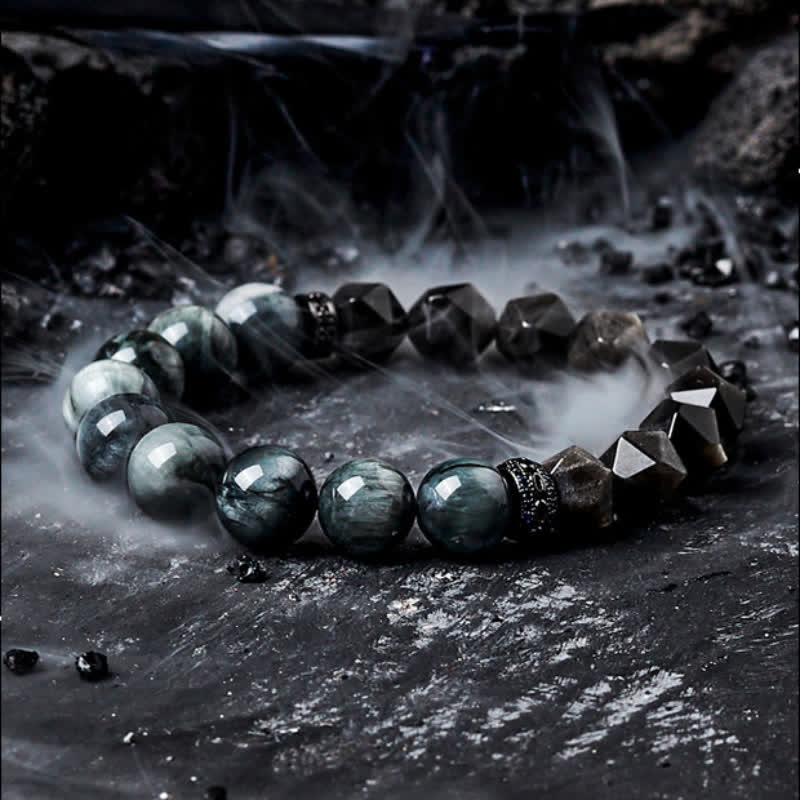 Olivenorma Hawk's Eye Quartz Silver Obsidian Beaded Bracelet - Faceted Beaded - 17-18cm - image 0