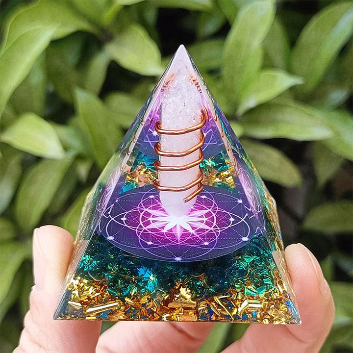 Olivenorma "The light of life" - White Crystal & Blue Glaze Orgone Pyramid