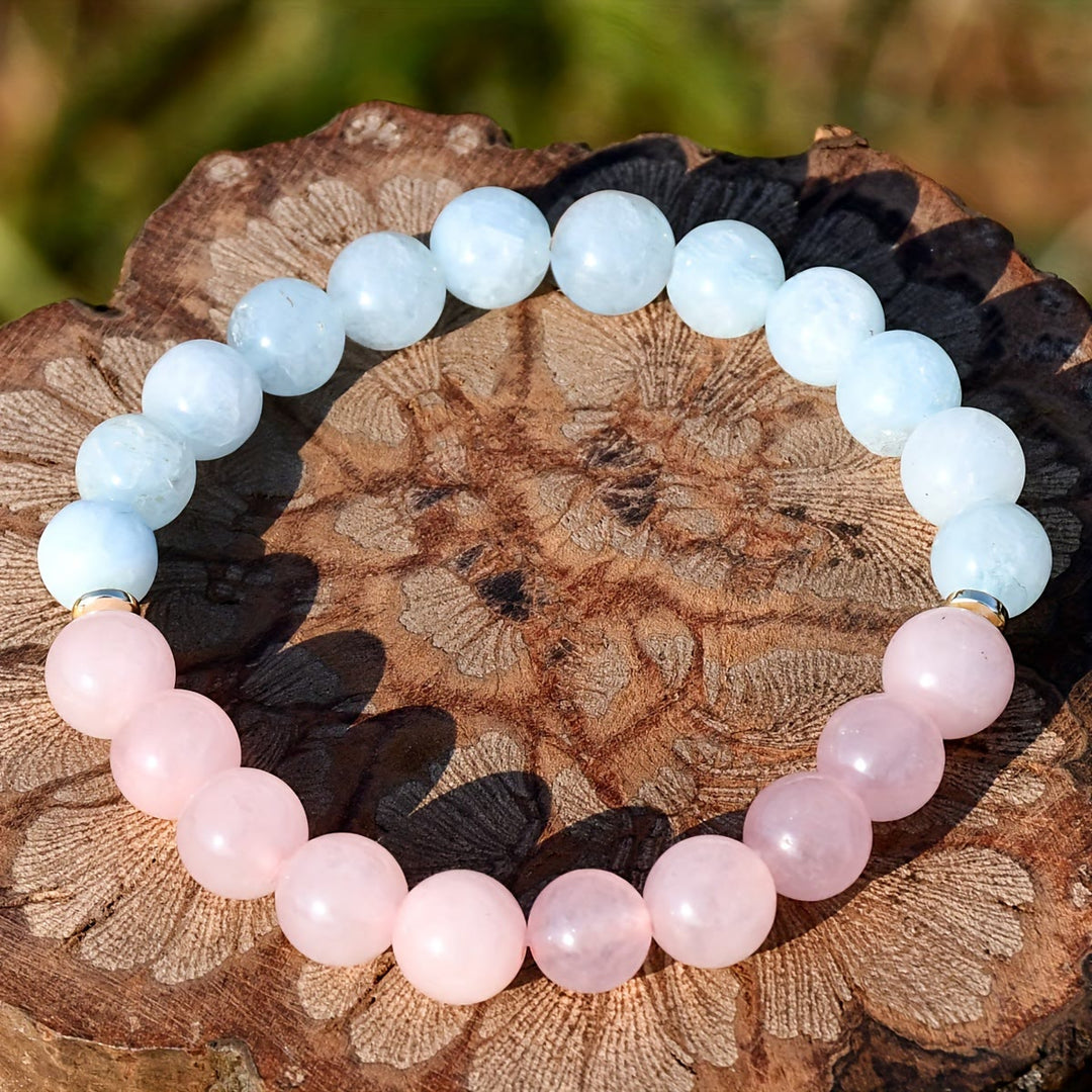 Olivenorma Natural Rose Quartz Aquamarine Beaded Elastic Bracelet