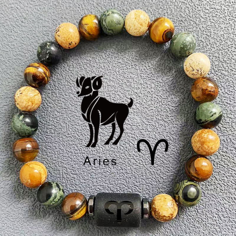 Olivenorma 12 Constellations Zodiac Tiger Eye Picture Jasper Beaded Bracelet