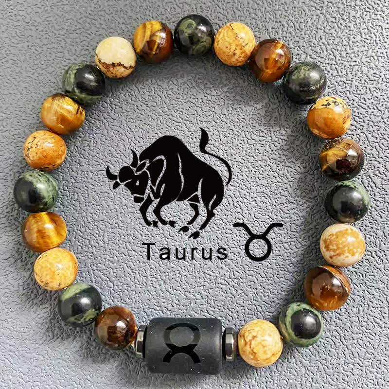 Olivenorma 12 Constellations Zodiac Tiger Eye Picture Jasper Beaded Bracelet