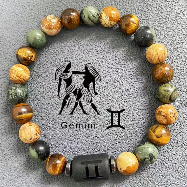 Olivenorma 12 Constellations Zodiac Tiger Eye Picture Jasper Beaded Bracelet