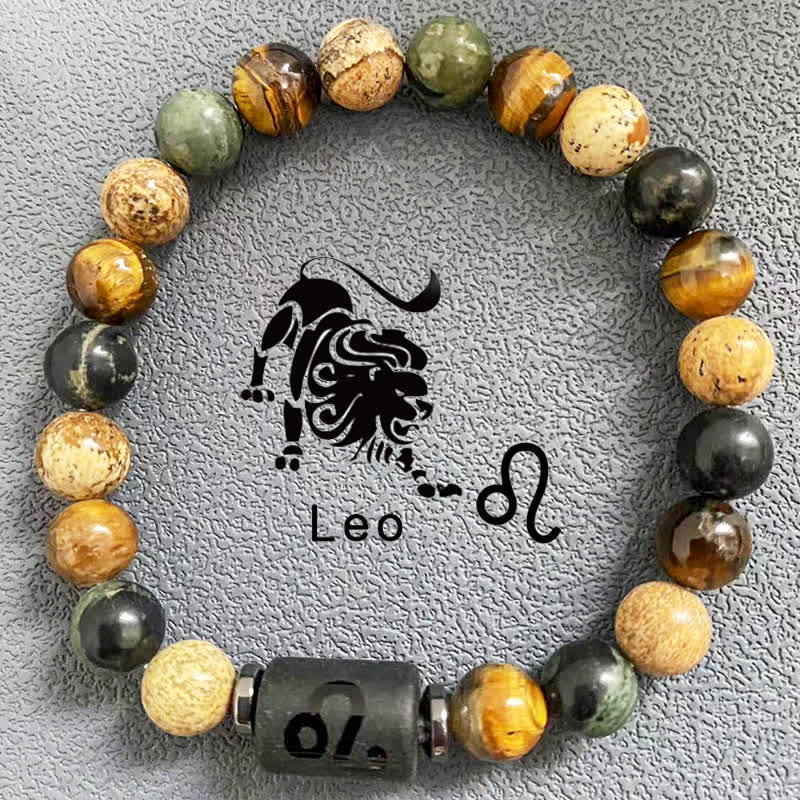 Olivenorma 12 Constellations Zodiac Tiger Eye Picture Jasper Beaded Bracelet