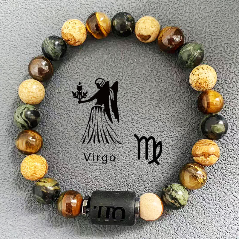 Olivenorma 12 Constellations Zodiac Tiger Eye Picture Jasper Beaded Bracelet