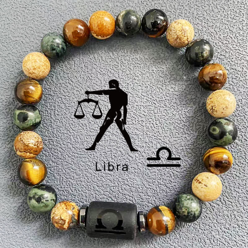 Olivenorma 12 Constellations Zodiac Tiger Eye Picture Jasper Beaded Bracelet