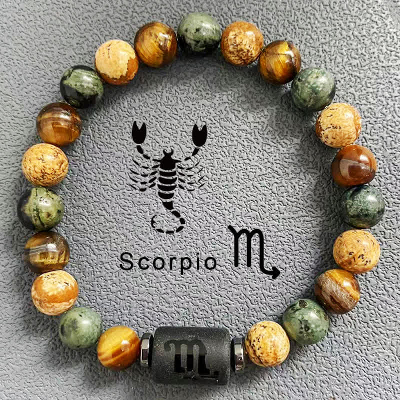 Olivenorma 12 Constellations Zodiac Tiger Eye Picture Jasper Beaded Bracelet