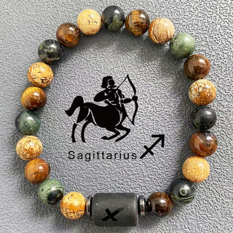 Olivenorma 12 Constellations Zodiac Tiger Eye Picture Jasper Beaded Bracelet