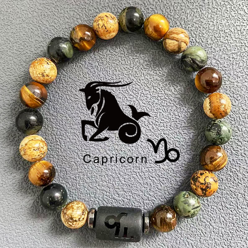 Olivenorma 12 Constellations Zodiac Tiger Eye Picture Jasper Beaded Bracelet