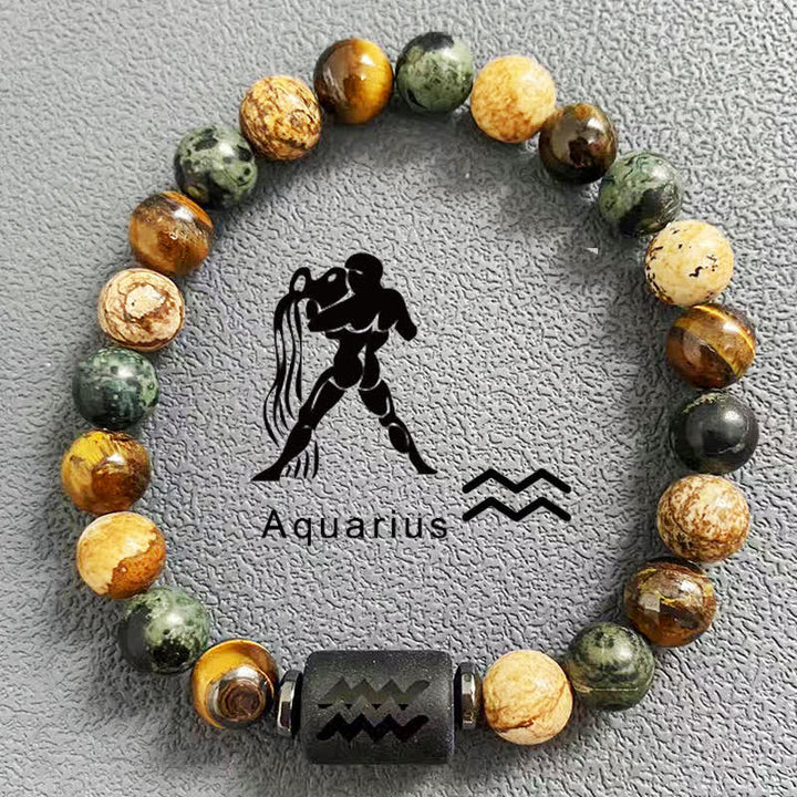 Olivenorma 12 Constellations Zodiac Tiger Eye Picture Jasper Beaded Bracelet