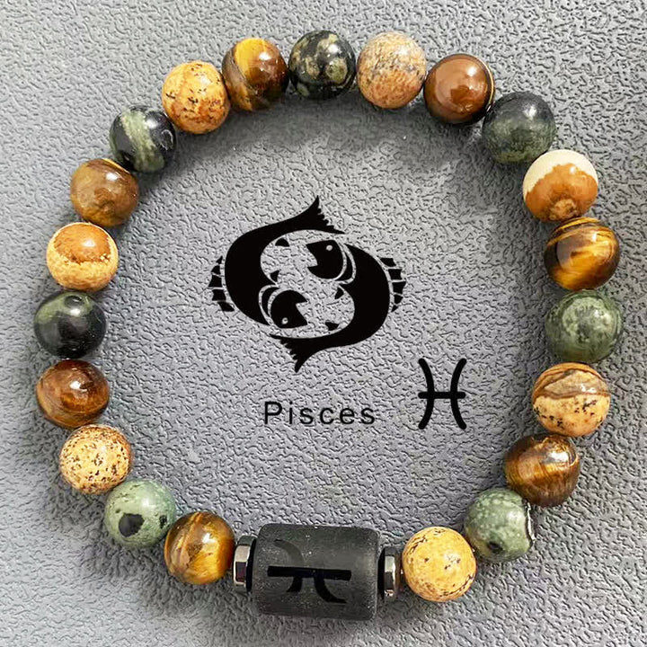 Olivenorma 12 Constellations Zodiac Tiger Eye Picture Jasper Beaded Bracelet