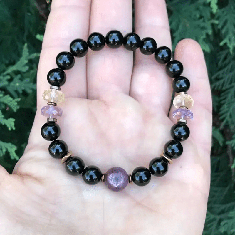 Olivenorma 8mm Obsidian Amethyst Beaded Bracelet