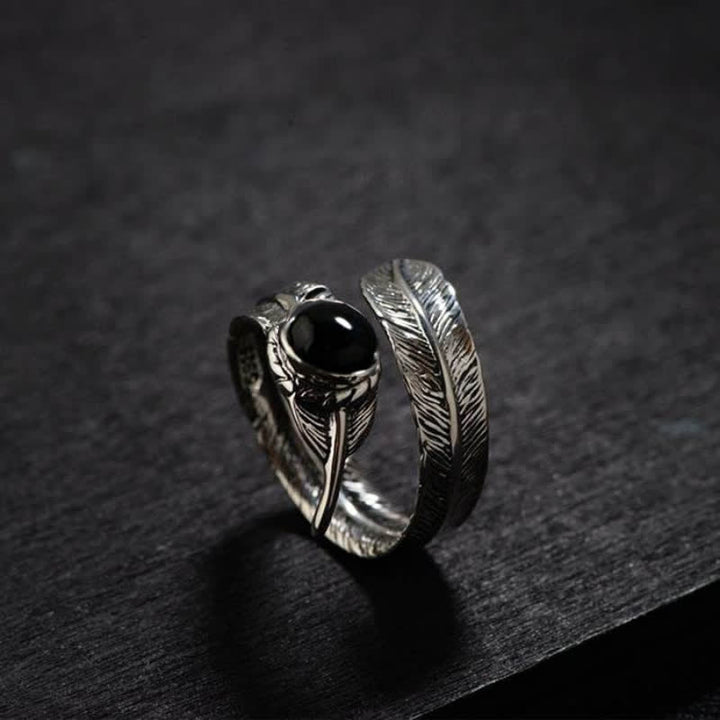 Olivenorma Hip-Hop Black Onyx Adjustable Feather Ring