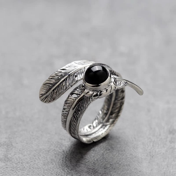 Olivenorma Hip-Hop Black Onyx Adjustable Feather Ring