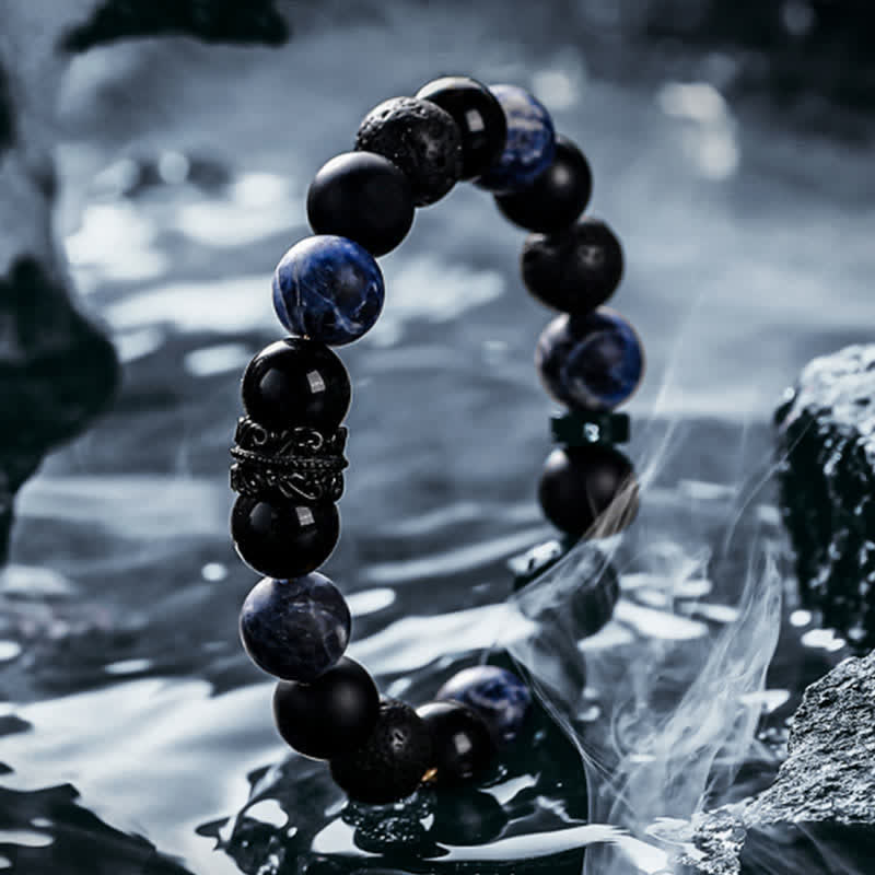 Olivenorma "Lord Black Warrior" Natural Crystal Beaded Bracelet - Obsidian & Sodalite & Lava Stone - 19cm - image 6