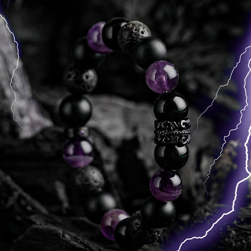 Olivenorma "Lord Black Warrior" Natural Crystal Beaded Bracelet - Obsidian & Amethyst & Lava Stone - 19cm - image 8