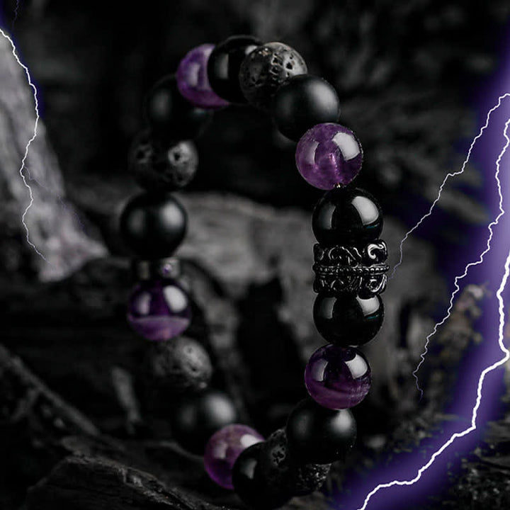Olivenorma "Lord Black Warrior" Natural Crystal Beaded Bracelet - Obsidian & Amethyst & Lava Stone - 19cm - image 8