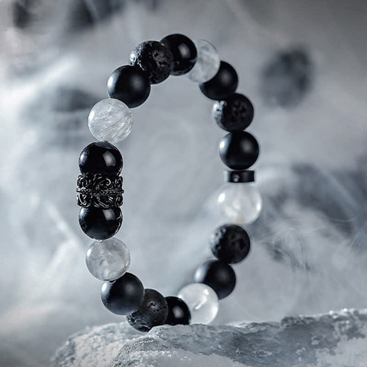 Olivenorma "Lord Black Warrior" Natural Crystal Beaded Bracelet - Obsidian & Clear Crystal & Lava Stone - 19cm - image 4