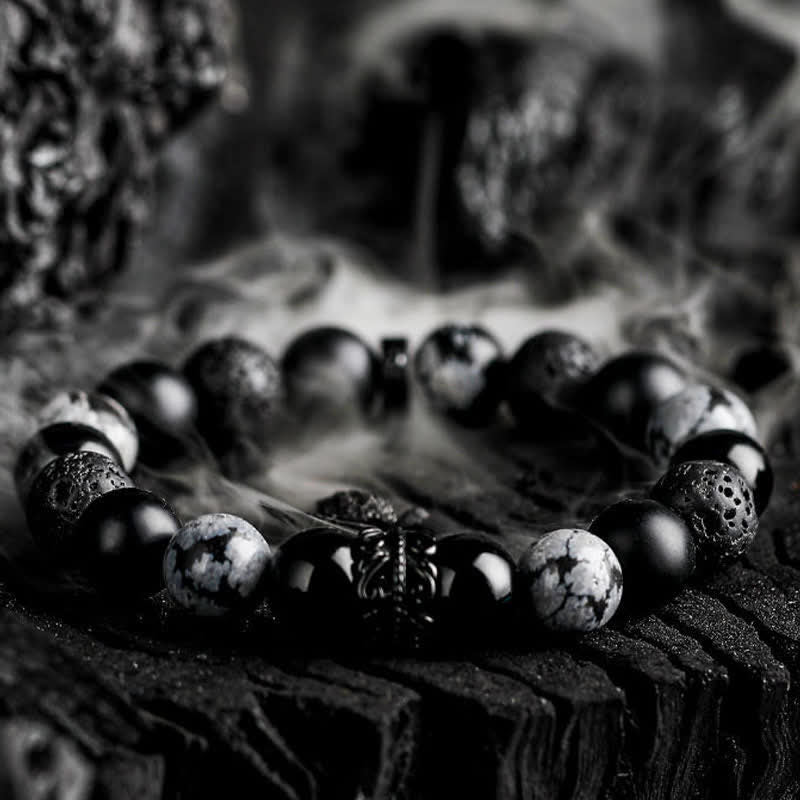 Olivenorma "Lord Black Warrior" Natural Crystal Beaded Bracelet - Obsidian & Snowflake Obsidian & Lava Stone - 19cm - image 0