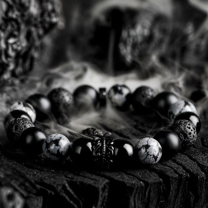 Olivenorma "Lord Black Warrior" Natural Crystal Beaded Bracelet - Obsidian & Snowflake Obsidian & Lava Stone - 19cm - image 0