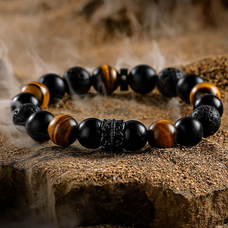 Olivenorma "Lord Black Warrior" Natural Crystal Beaded Bracelet - Obsidian & Tiger Eye & Lava Stone - 19cm - image 13