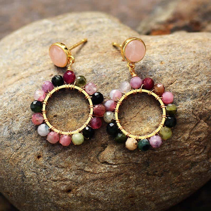 Olivenorma Natural Tourmaline Rose Quartz Pendant Earrings
