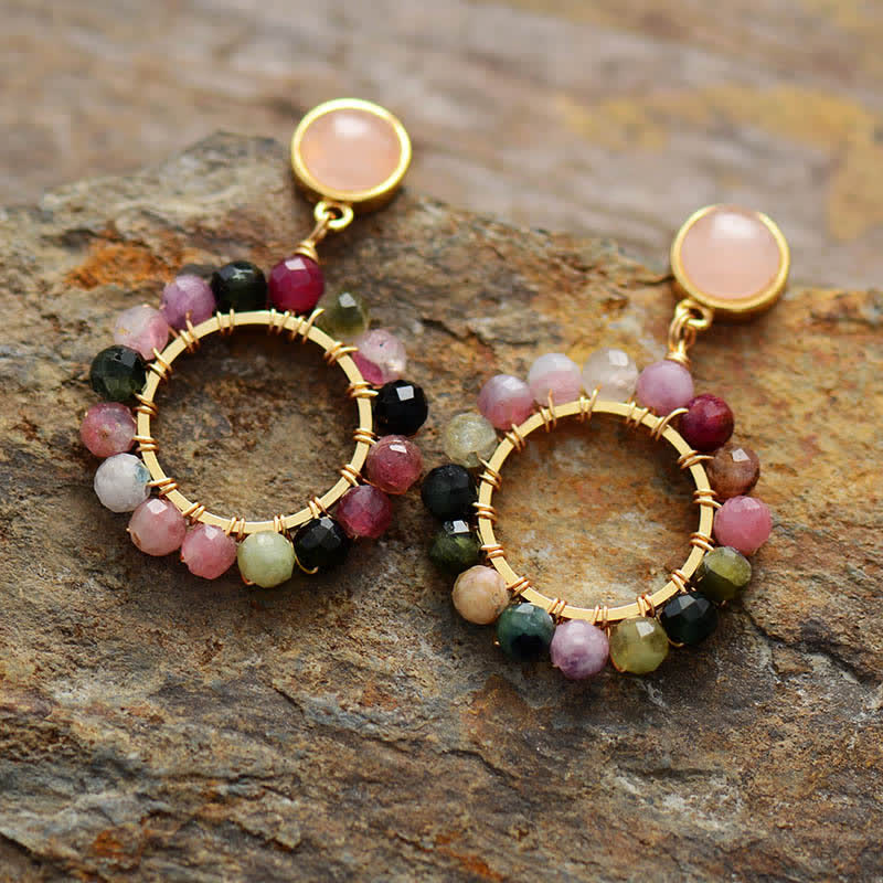 Olivenorma Natural Tourmaline Rose Quartz Pendant Earrings