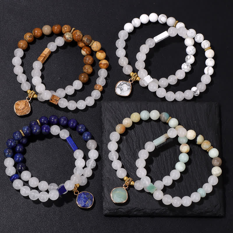 Olivenorma Natural Stone Clear Crystal Beaded Bracelet Set