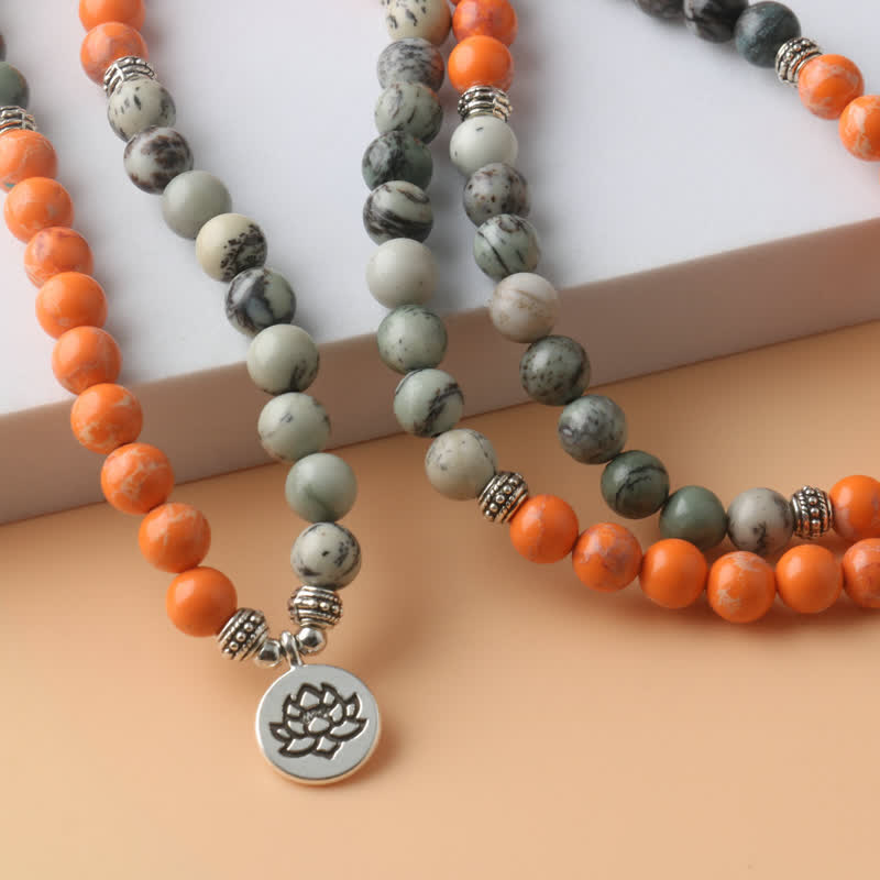 Olivenorma 108 Orange Emperor Stone Mala Beads Lotus Pendant Necklace