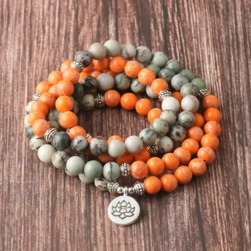 Olivenorma 108 Orange Emperor Stone Mala Beads Lotus Pendant Necklace