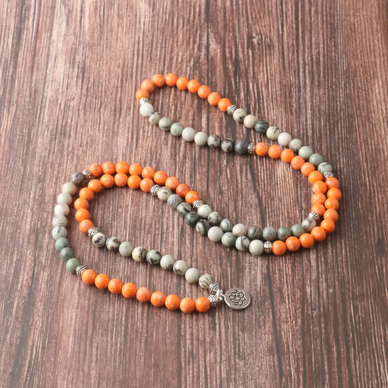 Olivenorma 108 Orange Emperor Stone Mala Beads Lotus Pendant Necklace