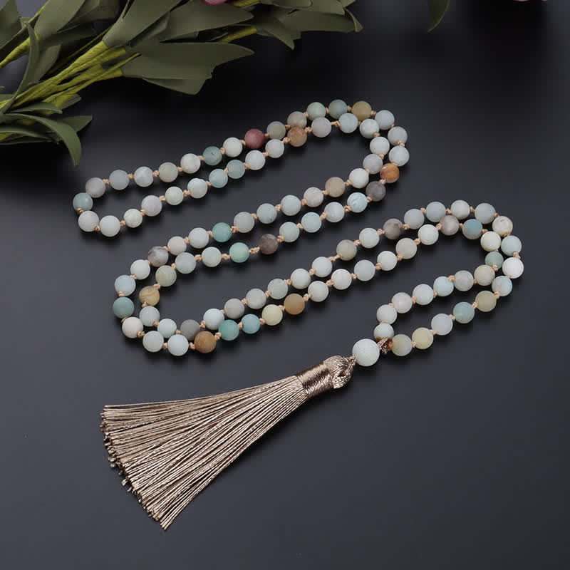 Olivenorma 108 Amazonite Mala Beads Tassel Pendant Necklace